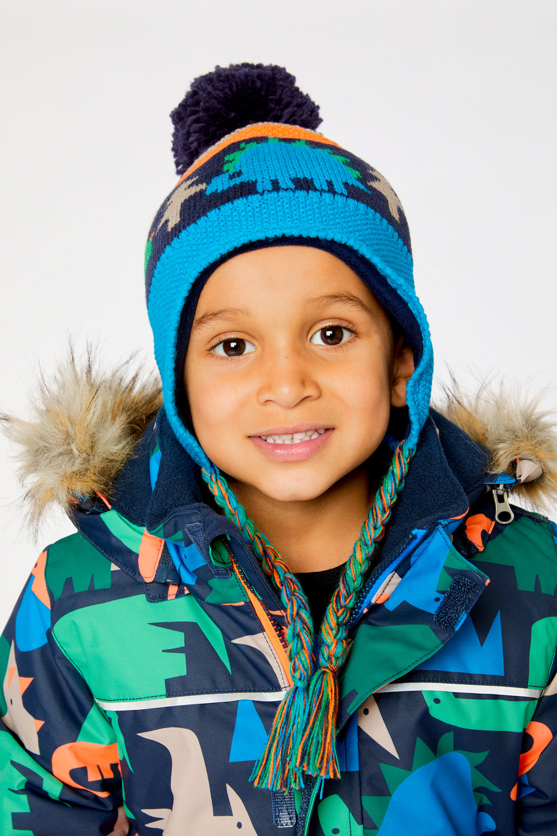 Winter Peruvian Knit Hat With Pompom Blue Dinosaur Print