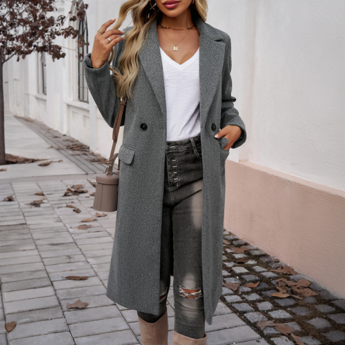 Dark Khaki Single Breasted Lapel Collar Flap Pocketed Overcoat